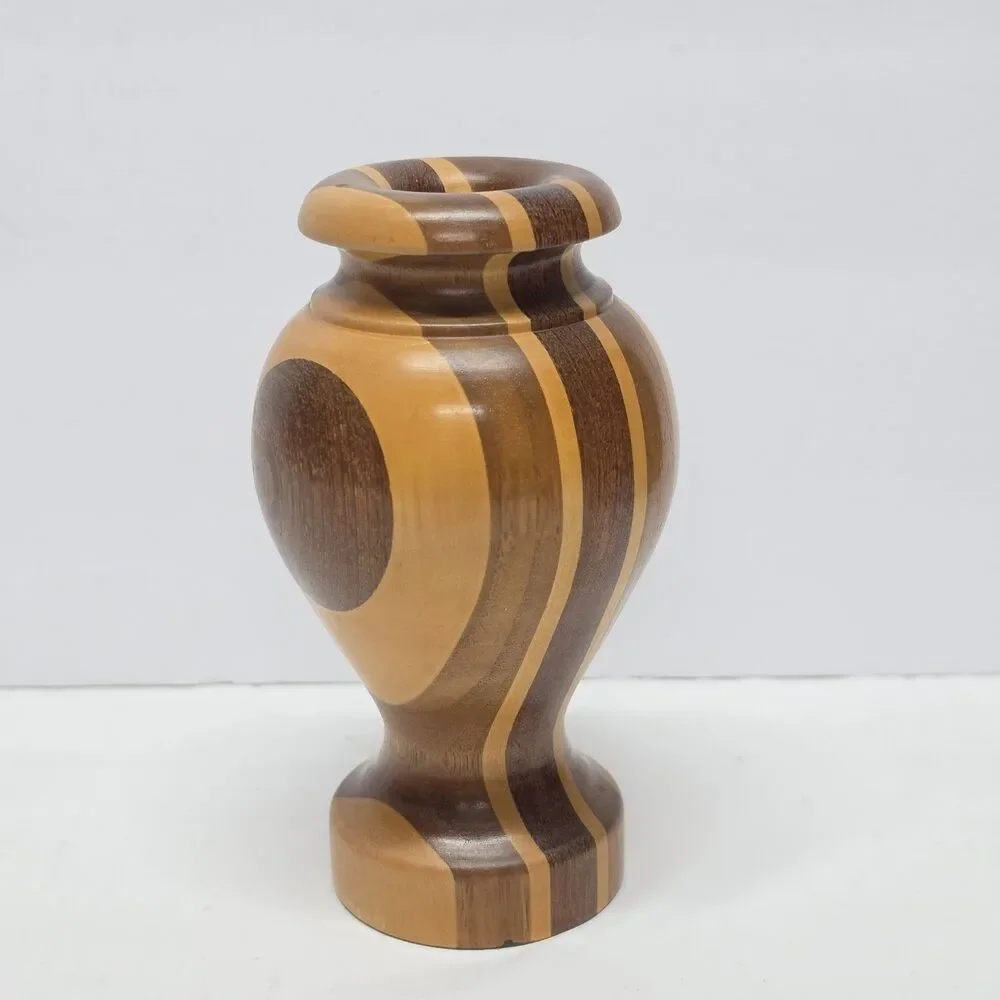 Vintage Hand Turned Wood Marquetry Bud Vase Segmented Layered Mosaic Rustic - Picture 7 of 9